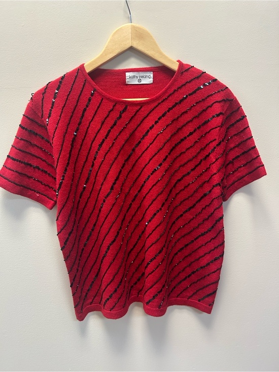 kathy ireland Tops - kathy ireland Red Short-Sleeve Knit Top with Black Sequin Diagonals Christmas